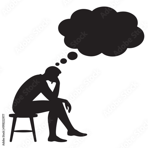 Silhouette of man sitting on stool with hand on head, deep in thought, an empty thought bubble above his head symbolizing contemplation, stress or memory loss