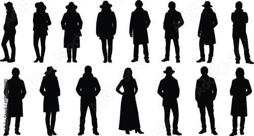 Black silhouettes of people standing in various poses white background