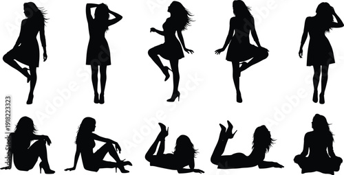 Black silhouettes of women in various poses dresses heels