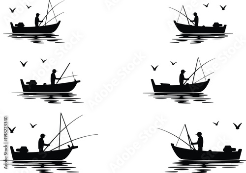 Fisherman in boat silhouette set, fishing hobby on lake vector, man with rod and seagulls, maritime outdoor sport icons for summer vacation design