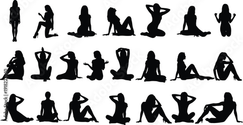 Black silhouettes of women in various poses white background