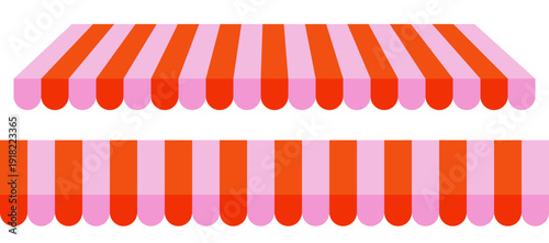 Store roof tent. Pink and orange striped store awnings. Seamless pattern candy pink stripes store awning. Stripe canopy for store or market isolated on transparent background