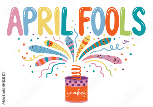 A colorful April Fools' Day illustration with party poppers and confetti