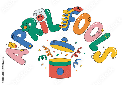 A colorful vector graphic illustration of the phrase April Fools with playful confetti and party elements