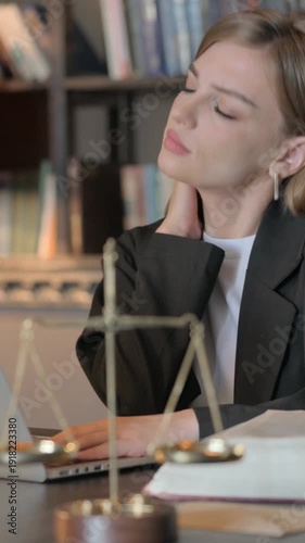 Wallpaper Mural Tired Female Lawyer with Neck Pain in Office, Vertical Video Torontodigital.ca
