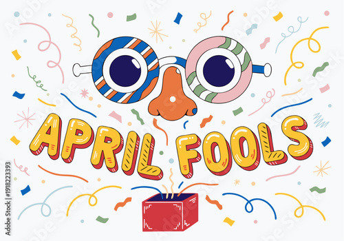 A colorful illustration of April Fools' Day with a pair of glasses and a red box surrounded by confetti
