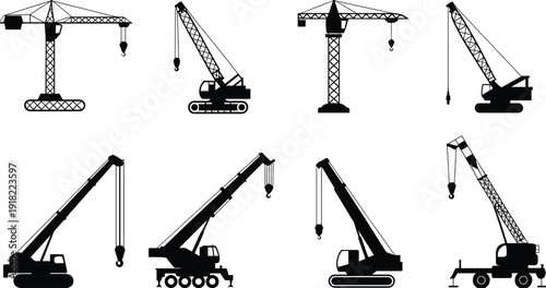 Heavy construction machinery icons set featuring tower cranes, mobile hydraulic cranes, crawler cranes, and telescopic boom lifters silhouettes isolated on white background
