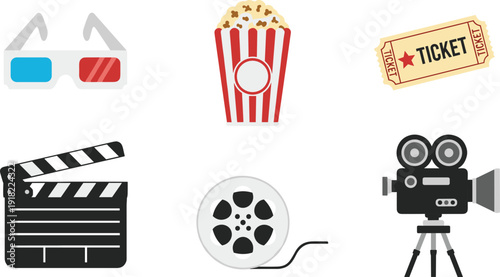 Cinema movie flat icon set with popcorn ticket clapperboard film camera and 3D glasses illustration