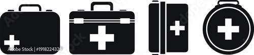 First aid kit and medical bag icons set isolated on white background, healthcare emergency symbol collection for hospital and safety design