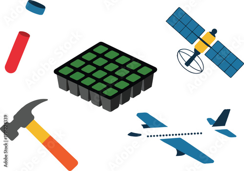 STEM & Industry Minimalist Icon Set  Test Tube, Satellite, Seedling Tray, Hammer, Airplane