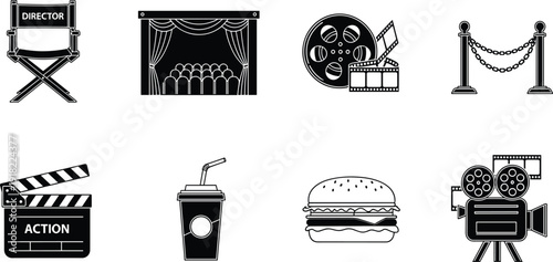 Cinema entertainment outline icon set with director chair theater screen camera clapperboard and fast food