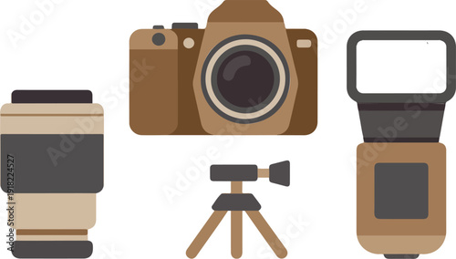 Photography Gear Minimalist Icon Set  Camera, Lens, Tripod, Flash, Light Meter