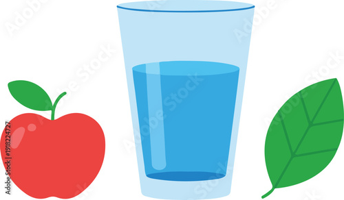 Minimalist Healthy Icons  Glass of Water, Apple, Leaf