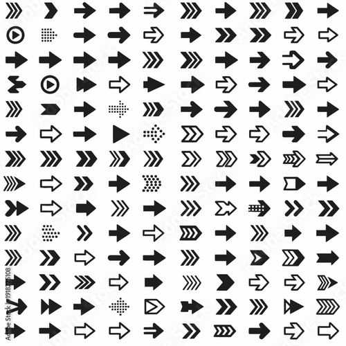 Comprehensive vector arrow icon collection featuring a diverse range of directional symbols for modern user interface design, navigation, and digital communication