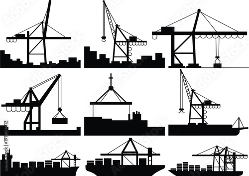 Set of cargo port terminal silhouettes with gantry cranes loading shipping containers on commercial freight ships for global logistics and maritime transport industry