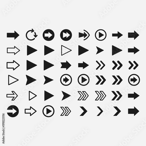 Collection of diverse arrow icons representing navigation, direction, and progress in various styles and forms
