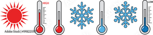 Hot and cold temperature thermometer icons with sun and snowflake symbols isolated on white background, weather climate concept illustration set