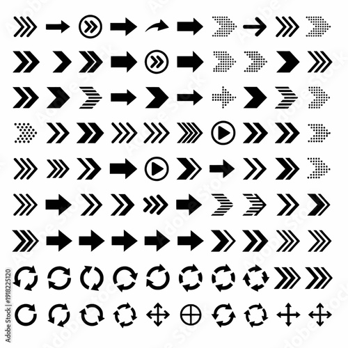 Comprehensive vector set of black arrow icons and refresh symbols for user interface design, navigation, and digital projects, offering diverse directional indicators