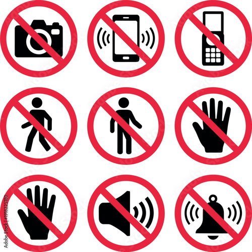 Prohibited actions signs photography mobile phone silence required symbols