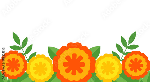 Vibrant Floral Pattern with Bright Orange and Yellow Flowers and Green Leaves