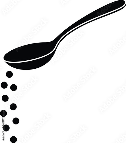 Salt or sugar spoon icon with falling granules isolated on white background, seasoning ingredient symbol for cooking and kitchen design