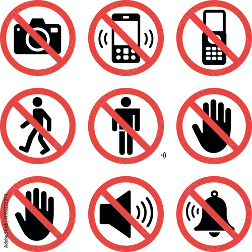 Prohibited actions signs photography mobile phone usage restricted areas