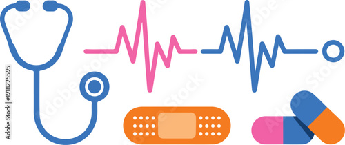 Neon Medical Minimalist Icon Set  Stethoscope, EKG, Bandage, Pills