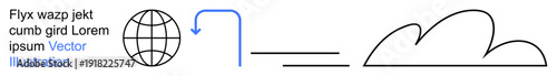 Global connection, cloud storage, data exchange, digital communication, internet services, technology. A globe symbol, an arrow and a cloud outline. global connection and cloud storage concepts