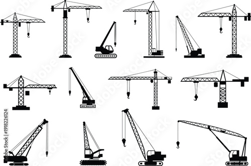 Set of industrial construction crane silhouettes featuring tower cranes, mobile hydraulic lifters, crawler cranes, and heavy-duty hoist equipment icons isolated on white background