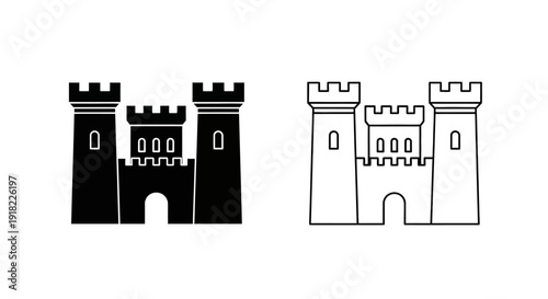 Medieval castle icons set, black and white castle symbols, fortified building illustrations Vector