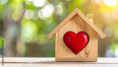 A wooden house model holds a bold red heart at its center.