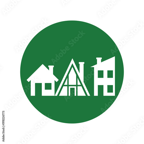 Real estate logo with diverse house shapes in green circle icon