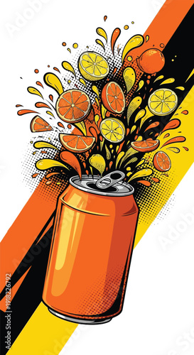 Orange soda can bursting with fresh citrus fruit slices and splash