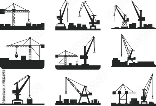 Vector collection of construction crane silhouettes including tower cranes, harbor cranes, mobile truck cranes, and shipping port machinery for building industry and logistics