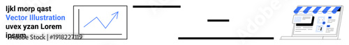 Business growth, e-commerce, sales analysis, digital marketing, online strategy, efficiency. Graphic of an upward chart and a digital storefront. Business growth and e-commerce