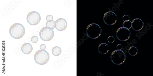 Transparent soap bubbles floating on black and white background. Light glossy spheres with soft reflections. Soap, bubble, transparent, color, air — realistic PNG bubble with glossy finish