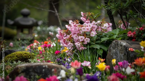 Wallpaper Mural Beautiful Spring Flowers Blooming in a Serene Japanese Garden with Stone Lantern Torontodigital.ca