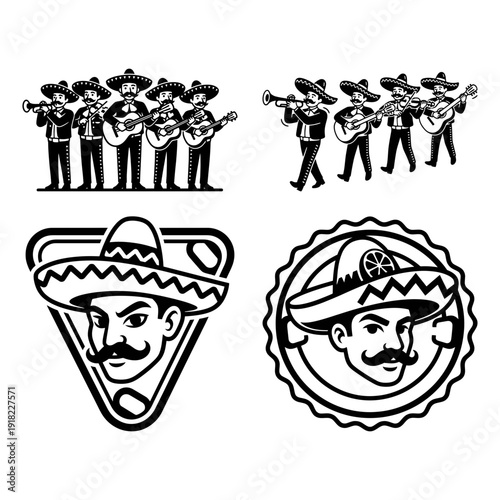 Cinco de Mayo Icon Bundle with Mariachi Group Silhouettes and Eagle Seal Badge