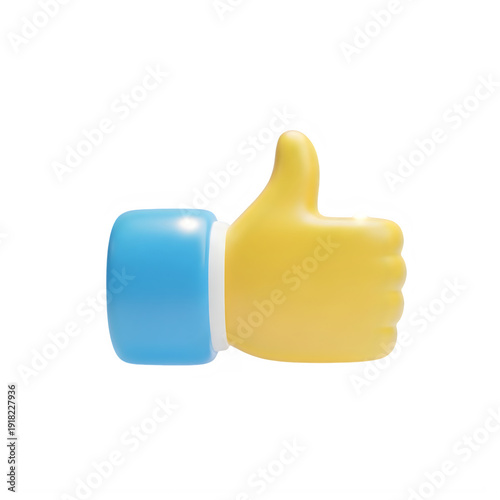 A cartoonish, bright yellow hand gives a large thumbs-up gesture with a blue cuff isolated on a white background.