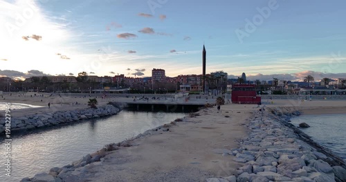 Barcelona coastline aerial video at golden sunset light