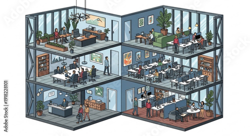 Cutaway view of a modern office building with multiple levels and people working