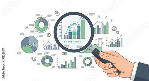 Businessman analyzing financial data with magnifying glass examining graphs and charts for market research and statistics searching for trends and insights