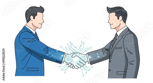 Two businessmen shaking hands with glowing connection partnership and teamwork concept professional collaboration networking and agreement