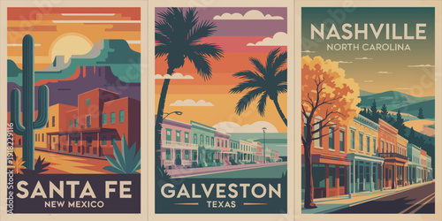 SANTA FE Poster: Retro Travel Poster Style Highlighting Waterfront Boardwalk with Palm Trees and Colorful Buildings