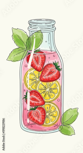 Strawberry and lemon infused water in a glass bottle illustration