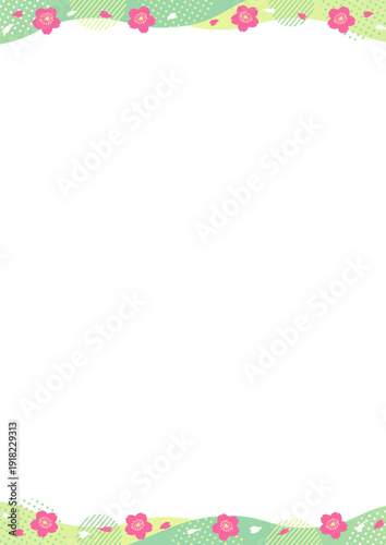 桜と幾何学模様や波の上下の縦型のフレーム_緑