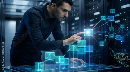 Wallpaper Mural Businessman interacting with a futuristic holographic interface, touching a glowing node on a rising blockchain network graph representing financial growth and data analysis. Torontodigital.ca