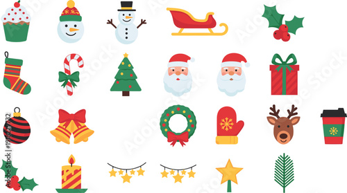 Christmas and Winter Holiday Icon Set Featuring Santa Claus Snowman Christmas Tree and Festive Decor