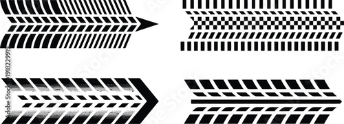 Dynamic high-contrast graphic illustration showcasing abstract black and white tire track patterns and stylized arrow designs, perfect for modern vector art, speed concepts, and automotive themes