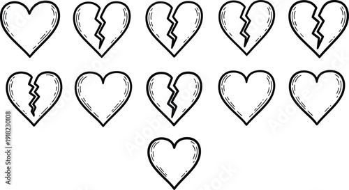 Broken Heart Icon Set, Love and Heartbreak Symbol Collection, Emotional Relationship Concept Design, Romantic Outline Clipart Pack, Isolated Vector Illustration.